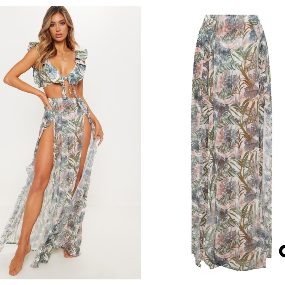PrettyLittleThing Leafy Frill Split Maxi Skirt